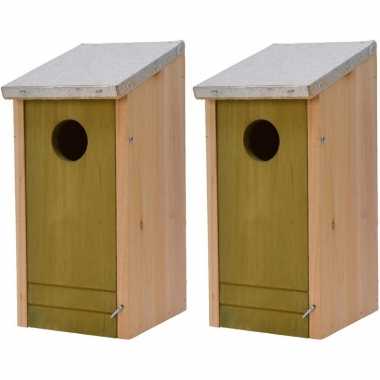 2x houten vogelhuisjes/vogelhuisjes lichtgroene voorzijde 26 cm