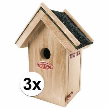3x houten vogelhuisjes met bitumen dakje 16x22 cm