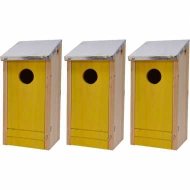 3x houten vogelhuisjes/vogelhuisjes gele voorzijde 26 cm
