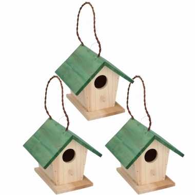 3x stuks houten vogelhuisje/vogelhuisje met groen dak 17 cm
