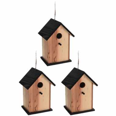 3x stuks vogelhuisje/vogelhuisje zwart/naturel hout 22 cm