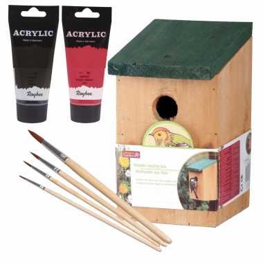 Houten vogelhuisje/vogelhuisje 22 cm zwart/rood dhz schilderen pakket
