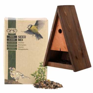 Houten vogelhuisje/vogelhuisje bruin 40 cm met vogel strooivoer 2,5 kg