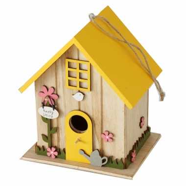 Vogelhuisje/vogelhuisjes geel hout 18 cm