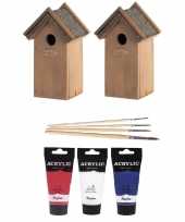 2x houten vogelhuisje vogelhuisje 22 cm rood wit blauw dhz schilderen pakket