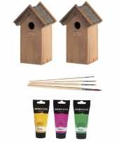 2x houten vogelhuisje vogelhuisje 22 cm roze geel groen dhz schilderen pakket