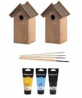 2x houten vogelhuisje vogelhuisje 22 cm zwart geel lichtblauw dhz schilderen pakket
