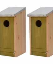 2x houten vogelhuisjes vogelhuisjes lichtgroene voorzijde 26 cm