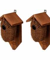 2x stuks houten vogelhuisjes nestbuidels kokos 26 cm