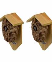 2x stuks houten vogelhuisjes nestbuidels zeegras 26 cm