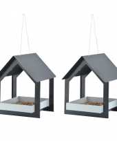 2x stuks metalen vogelhuisjes voedertafels hangend antraciet 23 cm