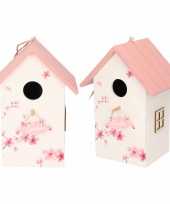 2x vogelhuisje vogelhuisje hout wit met roze dak 15 x 12 x 22 cm