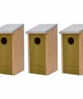 3x houten vogelhuisjes vogelhuisjes lichtgroene voorzijde 26 cm