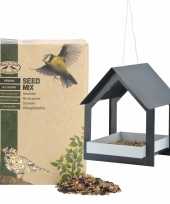 Metalen vogelhuisje voedertafel hangend antraciet 23 cm met vogel strooivoer 2 5 kg
