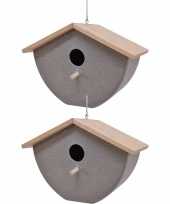 Set van 2 vogelhuisjes vogelhuisjes bamboe stro grijs 21cm