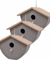 Set van 3 vogelhuisjes vogelhuisjes bamboe stro grijs 21cm