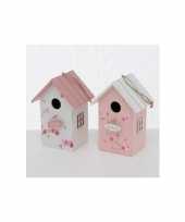Vogelhuisje vogelhuisje hout wit met roze dak 15 x 12 x 22 cm